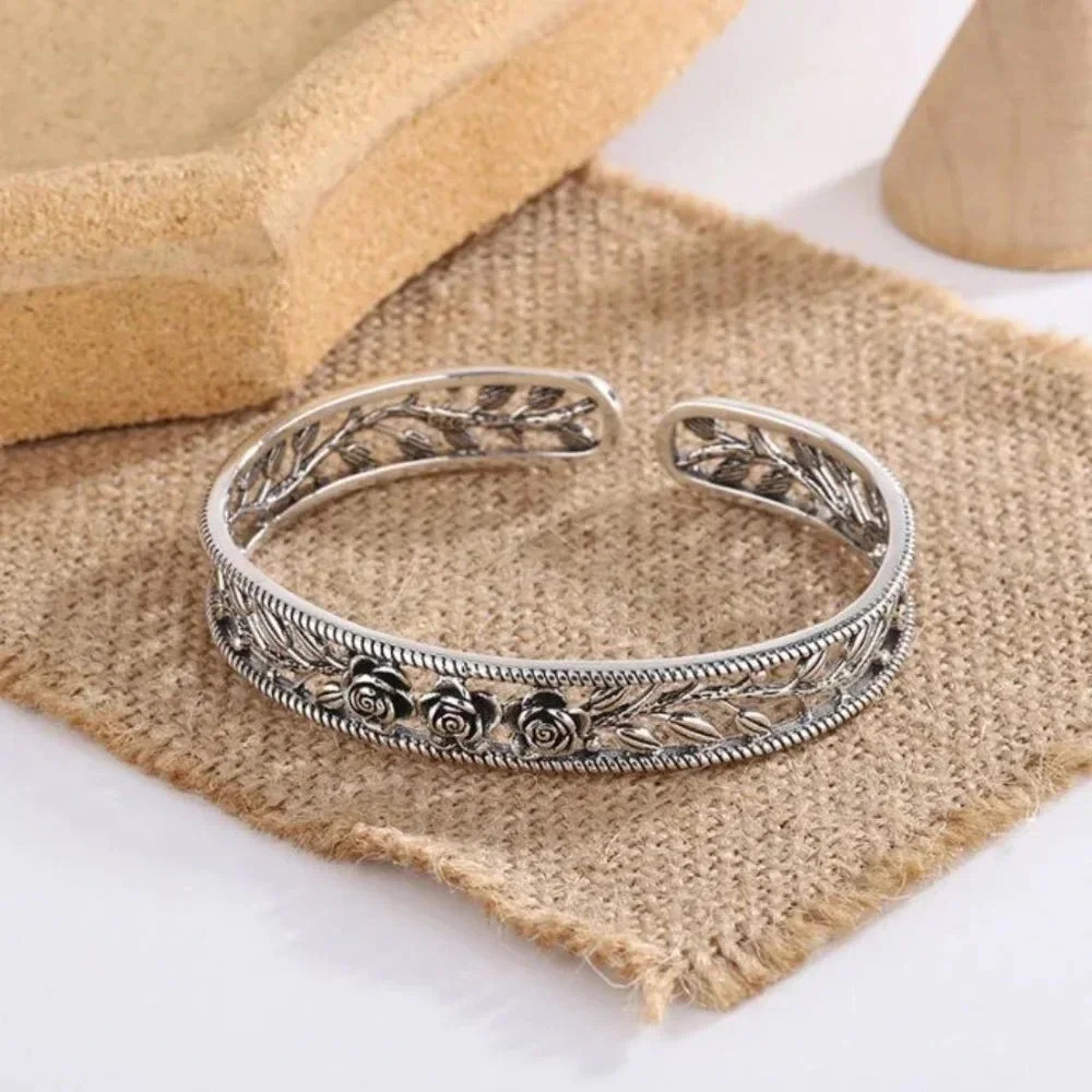 925 Sterling SIlver Rose Bangle Bracelet Rose Flower Engraved Bracelet - Picture 4 of 8